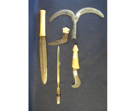 A collection of assorted vintage and other hand tools to include; assorted knives, a pair of finger knives, a double edged fl