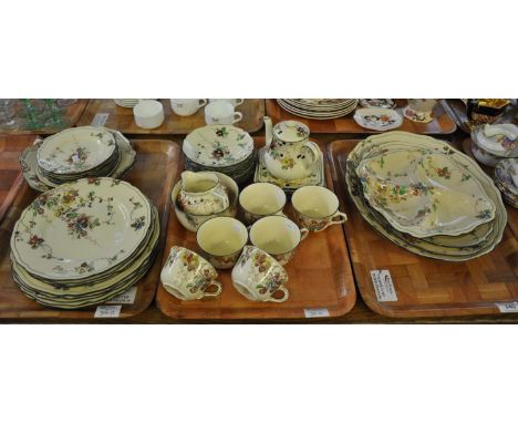 Three trays of Royal Doulton Kew design tea and dinnerware items including; graduated meat dishes, plates, cups, saucers, tea