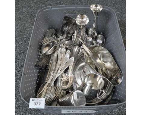Box of assorted silver plate to mainly include; silver plated flatware, candlesticks etc. (B.P. 21% + VAT) 