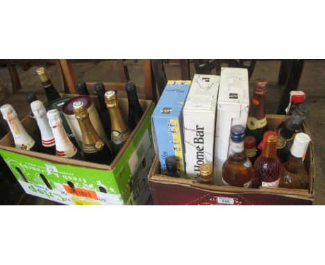 Two boxes of assorted wines and spirits to include; Glenfiddich single malt Scotch whisky 12 years, Harvey's Bristol Cream, m