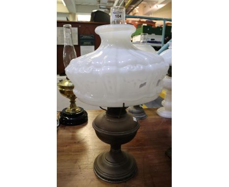 Brass oil lamp with opaque glass shade and clear chimney. (B.P. 21% + VAT) 