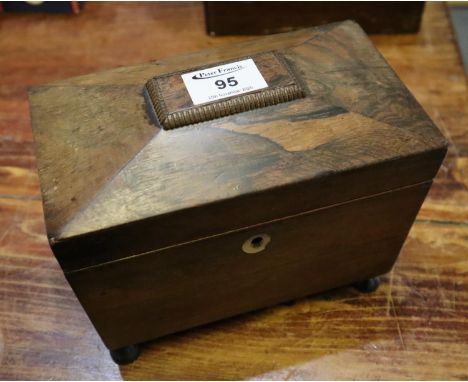 19th Century sarcophagus shaped rosewood tea caddy with two compartments on ball feet. 21cm wide approx.(B.P. 21% + VAT) 