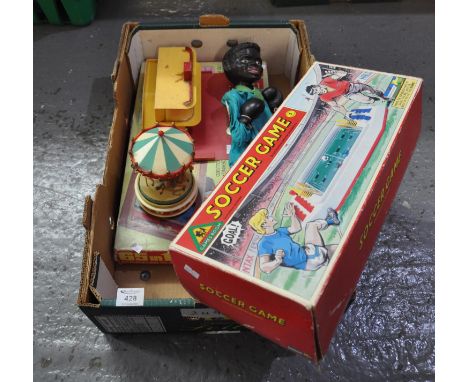 Box of assorted toys to include; Chad Valley soccer game, 65 in 1 electronic project kit, a hand puppet in the form of a boxe