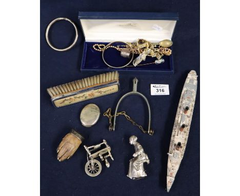 Assorted costume jewellery, cocktail watch, silver bangle, nickle vesta case, dressing table brush, miniature spinning wheel 