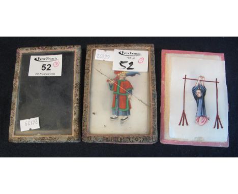 A collection of Chinese miniature portrait paintings on pith or rice paper depicting methods of torture and various courtiers