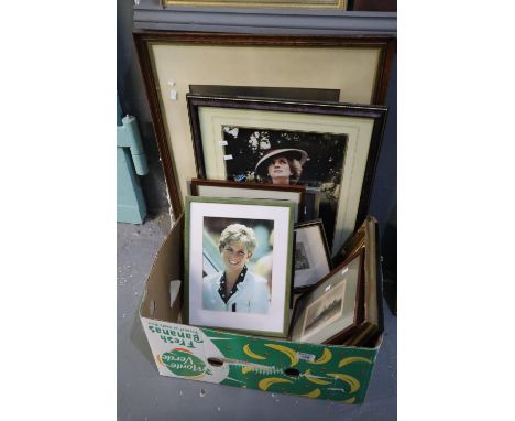 Group of assorted furnishing pictures including photographic portrait of Princess Diana, large print, figures in interior aft