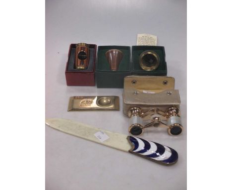 Three novelty modern glass viewers, pair of opera glasses and an enamel handle letter opener