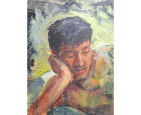 Russian School, 20th century, Portrait of a man, oil on canvas, with perimeter of frame also painted in continuation with can