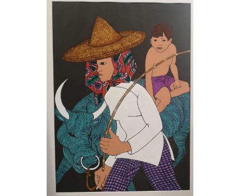 Plough with Buffalo, signed 'J. Walden' (lower right), mixed media, 72.5 x 52.5cm, Preparing Fish, signed 'J.Walden' (lower l