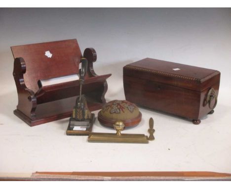 A tea caddy, small book shelf, desk punch, pin cusion stool etc