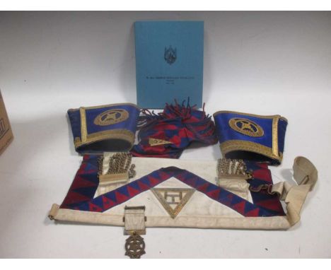 A Masonic case with aprons etc, a brass student lamp, various scale and other items including games, boxes etc