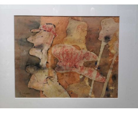R Wachash (late 20th century), Two figures, signed and dated 'R. Wachash / 1966' (lower left), mixed media collage, 27 x 34cm