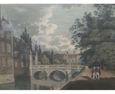 A 19th century coloured engraving of St John's College, Cambridge, with bridge over the river, by Sparrow after Baldrey, 31 x