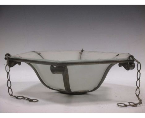 A 1930's brass and opaque glass panel ceiling light