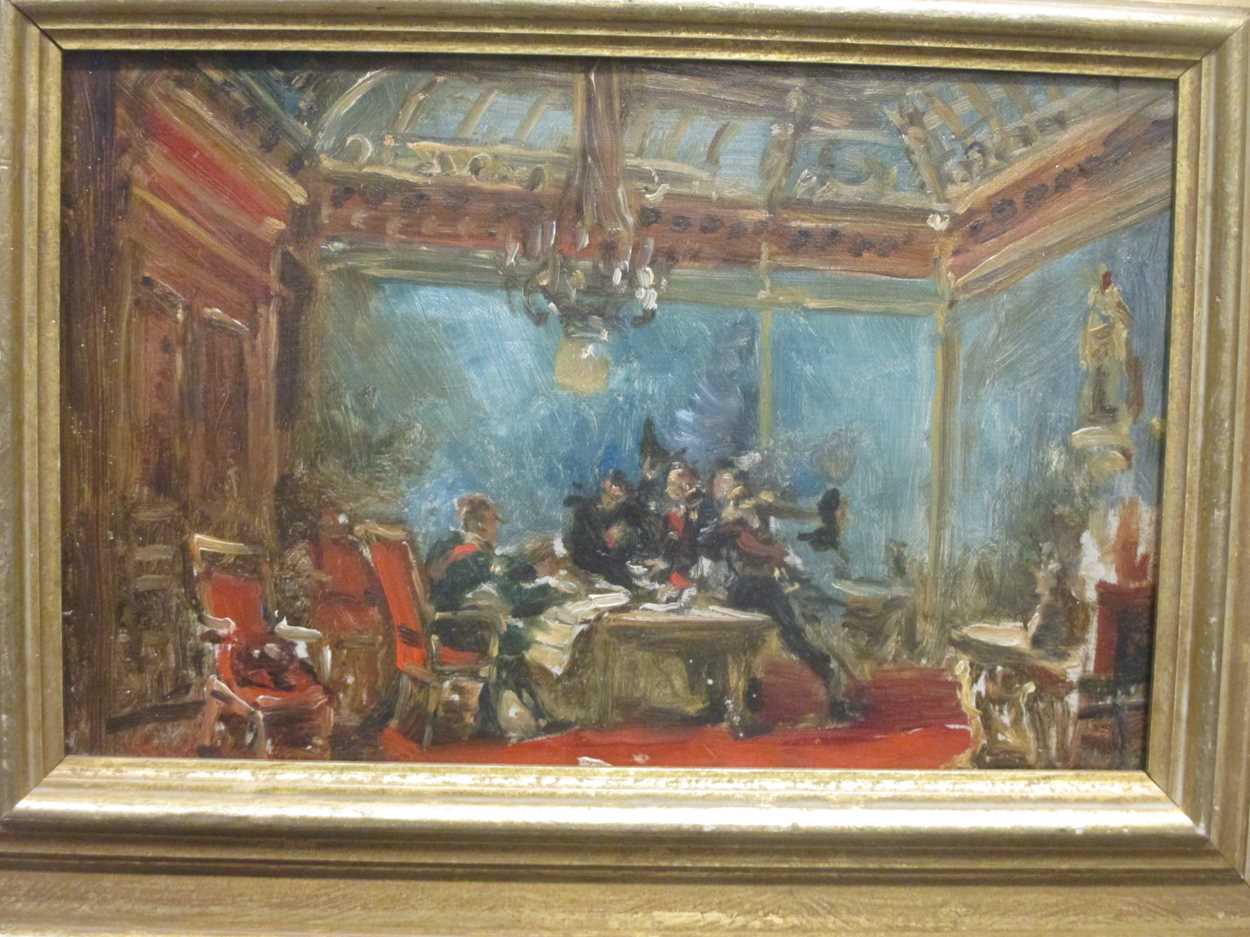 Oil Painting of Generals and soldiers in a grand room, 18.5 x 29cm in