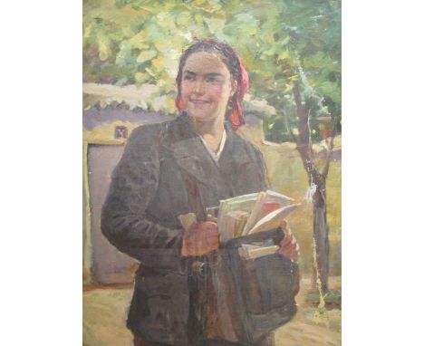 Russian school, 20th century, portrait of a young girl with a satchel of letters, oil on canvas, 75 x 54.5cm, unframed