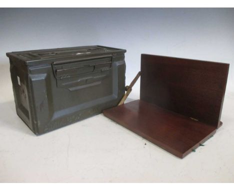 A mahogany reading stand together with an American ammunition box, a Victorian pewter pint tankard and a teddy bear (4)