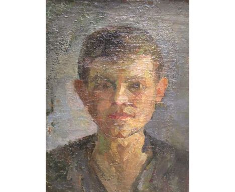 Russian school, 1940, signed 'Л А Лоромнпкоб' (?) to the reverse, portrait of a boy, oil on card, 34 x 26.5cm