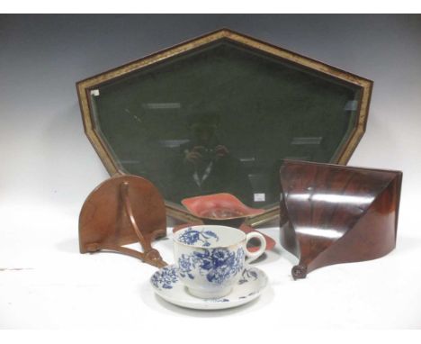 A glazed fan display case, a toleware dish, a m,ahogany wall bracket and another reproduction wall bracket (4)