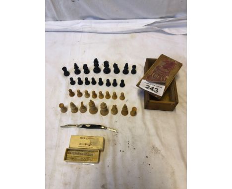  Sale Item:    BOX STAUNTON CHESS MEN &amp; BUCK KNIFE  Vat Status:   No Vat   Buyers Premium:  This lot is subject to a Buye
