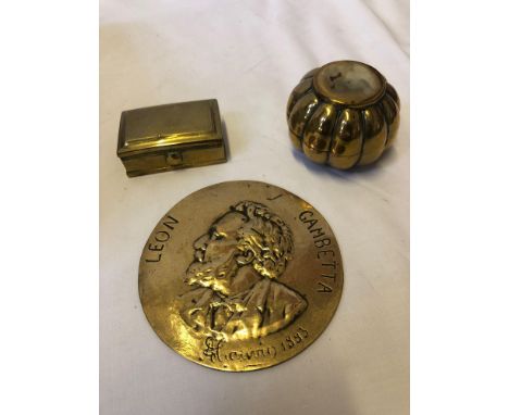  Sale Item:    2 BRASS BOXES &amp; LEON GAMBETTA PLAQUE  Vat Status:   No Vat   Buyers Premium:  This lot is subject to a Buy