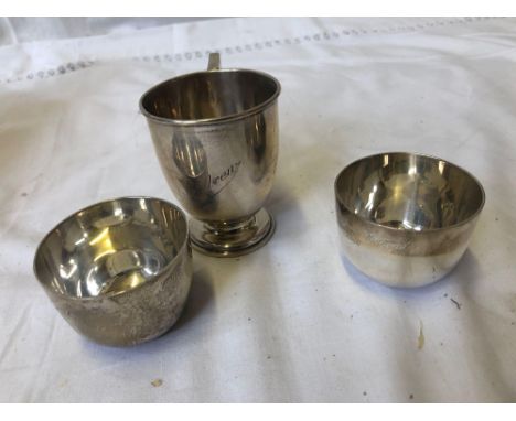  Sale Item:    SILVER CHRISTENING CUP &amp; 2 SMALL SILVER CUPS  Vat Status:   No Vat   Buyers Premium:  This lot is subject 