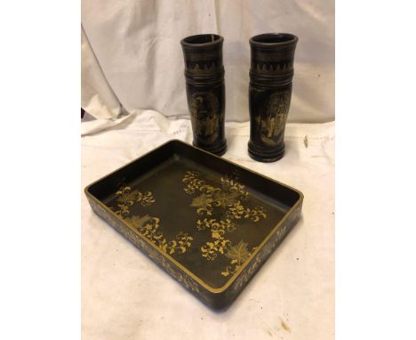  Sale Item:    JAPANESE LAQUERED TRAY &amp; 2 CHINOISERIE VASES (AF)  Vat Status:   No Vat   Buyers Premium:  This lot is sub