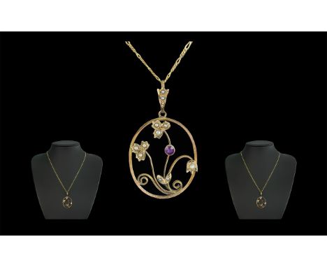 Victorian Period Attractive 9ct Gold Amethyst and Seed Pearl Set Pendant, Attached to a 9ct Gold Chain. Both Marked for 9ct. 