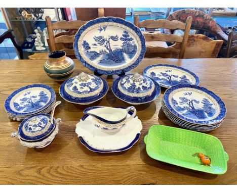 Collection of Booths Read Old Willow Pattern Blue &amp; White China, including plates, lidded casserole dishes, lidded sugar 