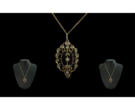 Victorian Period Attractive 9ct Gold Open worked Pendant Set with Seed Pearls, Attached to a Later 9ct Gold Chain. Both Marke