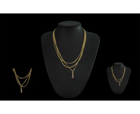 Antique Period 9ct Gold Guard Chain, Excellent Design with Lobster Claw Clasp. Length 56 Inches - 140 cms. Weight 24,1 grams.