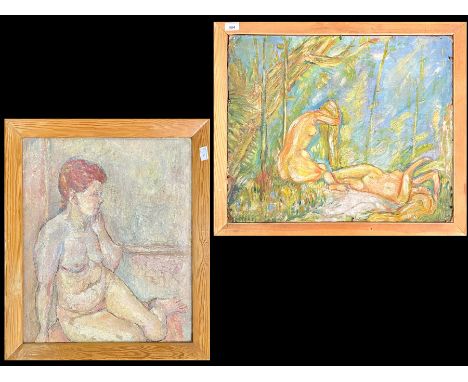 Early 20th Century French School Fauvist Painting of Nymphs Bathing + Nude in an Interior. Double sided oil on board - housed
