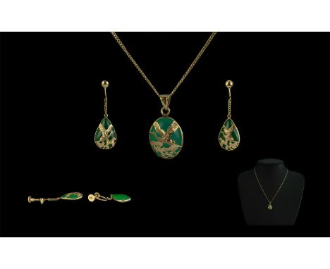 14ct Gold Jade Pendant &amp; Earring Set, apple green Jade screw back drop earrings with a matching pendant on a 16" chain.
