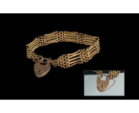 Antique Period Superior Quality 9ct Gold 5-Bar Gate Bracelet, with 9ct Gold heart shaped padlock.  Marked 9ct, warm coloured 
