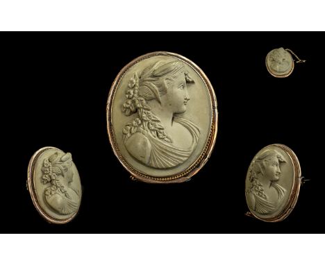 Victorian Superb 14ct Gold Mounted Carved Lava Cameo Brooch, Depicting a Portrait Bust of a Classical Lady. In High Relief. c