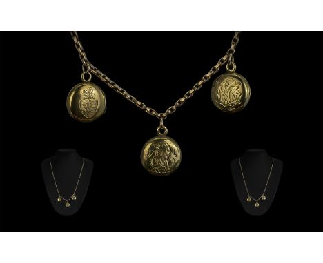 Victorian Period 9ct Gold Chain with 3 small attached 15ct gold hinged lockets; one locket reads '(Baby) Born Oct 21st - Died