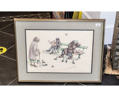 Albin Trowski Signed Print.  Albin Trowski signed colourful sene of two men on a bench with a lady feeding the pigeons.  Meas