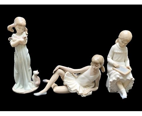 Lladro Figure of a Young Girl with Kittens, 'Don't Forget Me Girl', No. 5743, measures 9" high.  Together with two Nao figure