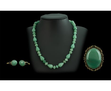 Jade Necklace &amp; Brooch, necklace measures 18" long, oval brooch 2" long.  Together with a pair of Jade gentlemen's cuff l