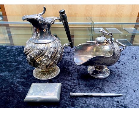 A Collection of Silver Plated Ware to include sugar scuttle, water jug, pencil and a novelty silver plated snuff box with sec