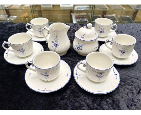 Villeroy &amp; Boch Blue and White Teaset comprising 6 cups and saucers, milk jug and sugar bowl.