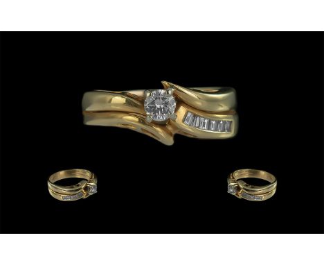 18ct Gold Excellent Quality Diamond Set Dress Ring. Fully Hallmark to Shank. The Central Round Brilliant Cut Diamonds of Exce