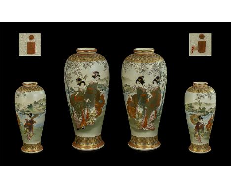 Japanese - Fine True Pair of 19th Century Hand Painted Satsuma Vases. 1864 - 1912. Signed to Underside of Vases - Please See 