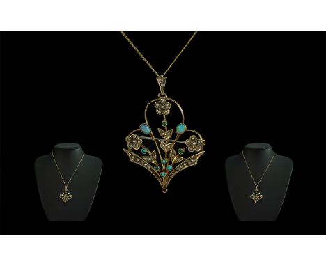 Edwardian Period Attractive and Exquisite 9ct Gold Open Worked Pendant ( Ornate ) Set with Opals, Turquoise and Seed Pearls, 
