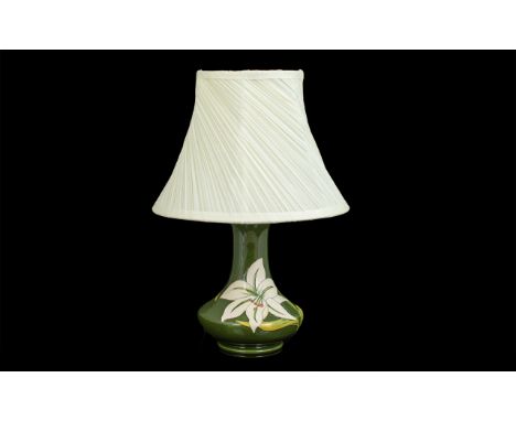 Moorcroft Lamp Base &amp; Shade ' Bermuda Lily ' Pattern. Not Tested. Approx Height of Base 8 Inches. With Shade Approx 16 In