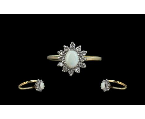 Ladies 9ct Gold Attractive Opal and Diamond Set Cluster Ring. Full Hallmark to Interior of Shank. Opal and Diamond of Good Co