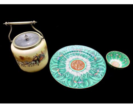 Royal Doulton Biscuit Barrel depicting a coach and horses, measures 10'' tall including the handle, together with an Oriental
