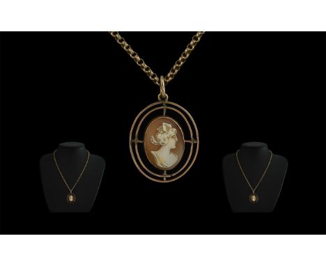 9ct Gold Cameo Pendant, central Cameo encircled by two oval gold rings, suspended on a box link chain. Together with a cameo 