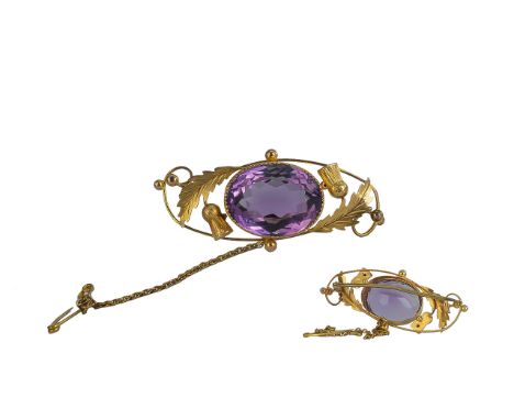 Antique Period Excellent Quality Large Faceted Amethyst Set Brooch with Safety Chain. Marked 9ct. Faceted Amethyst of Excelle