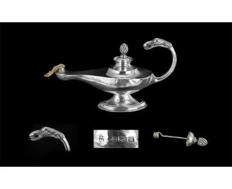 Antique Period Novelty Sterling Silver Table Top Lighter in the form of an Aladdin's Lamp with scroll handle, hallmarked Birm